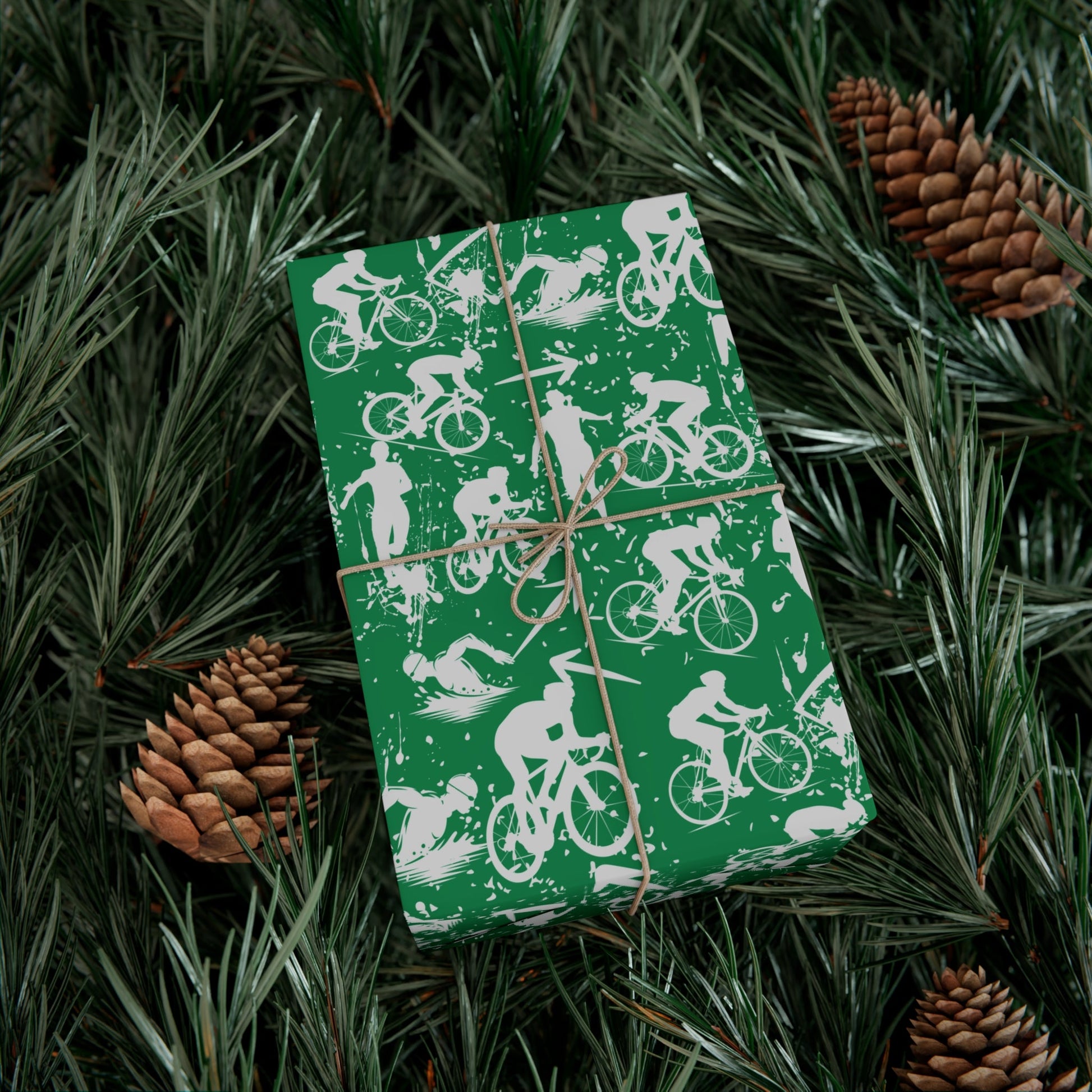 Swim Bike Run Pattern - Triathlon Themed Gift Wrapping Paper - Grey on Green - Forward Gear Athletics