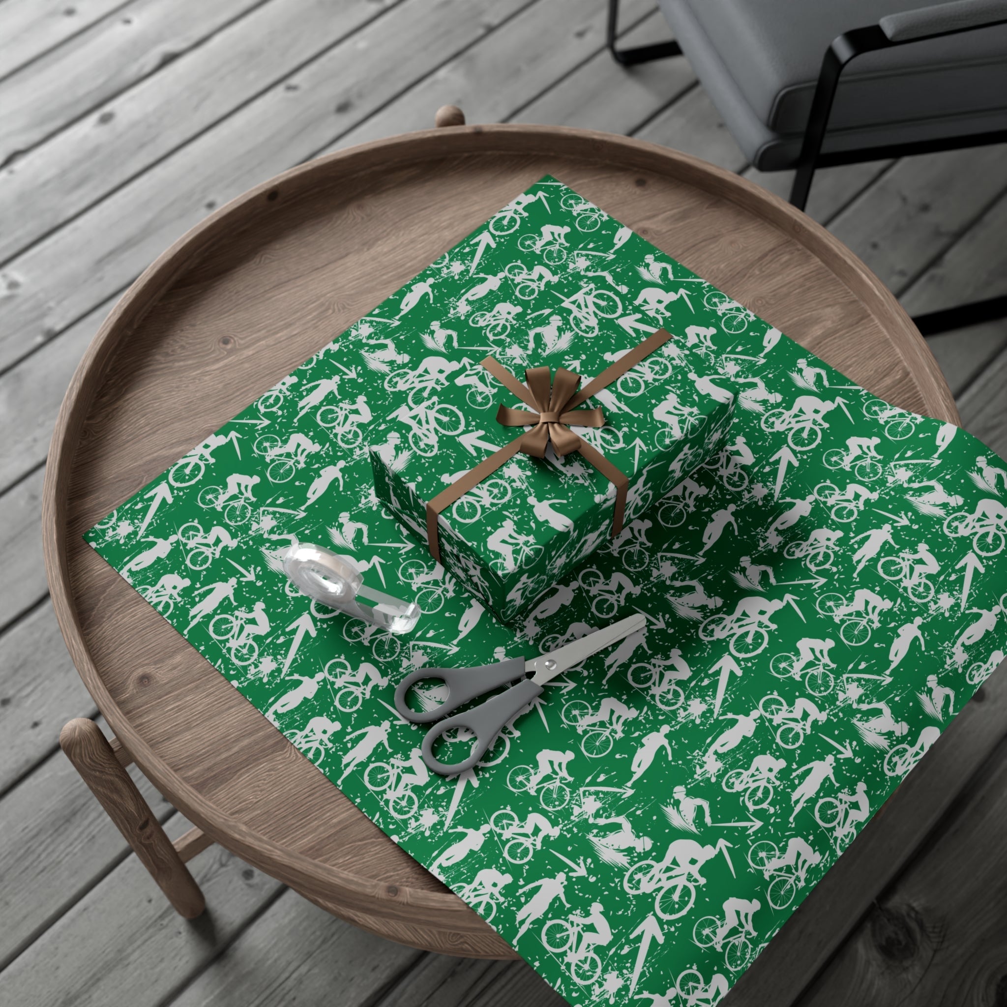 Swim Bike Run Pattern - Triathlon Themed Gift Wrapping Paper - Grey on Green - Forward Gear Athletics