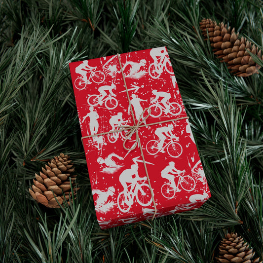 Swim Bike Run Pattern - Triathlon Themed Gift Wrapping Paper - Grey on Red - Forward Gear Athletics