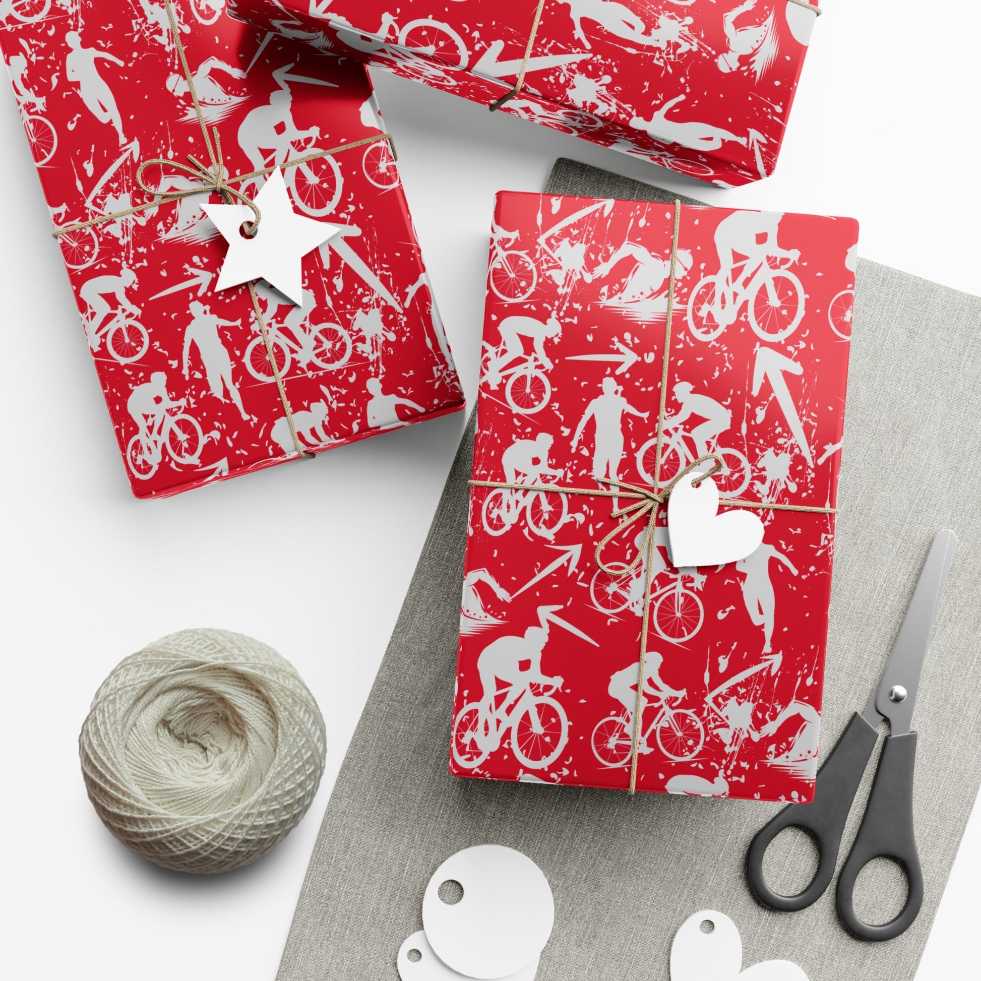Swim Bike Run Pattern - Triathlon Themed Gift Wrapping Paper - Grey on Red - Forward Gear Athletics