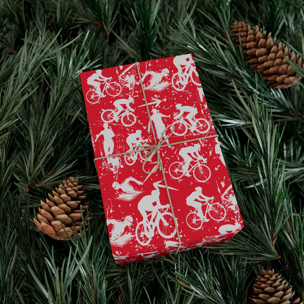 Swim Bike Run Pattern - Triathlon Themed Gift Wrapping Paper - Grey on Red - Forward Gear Athletics