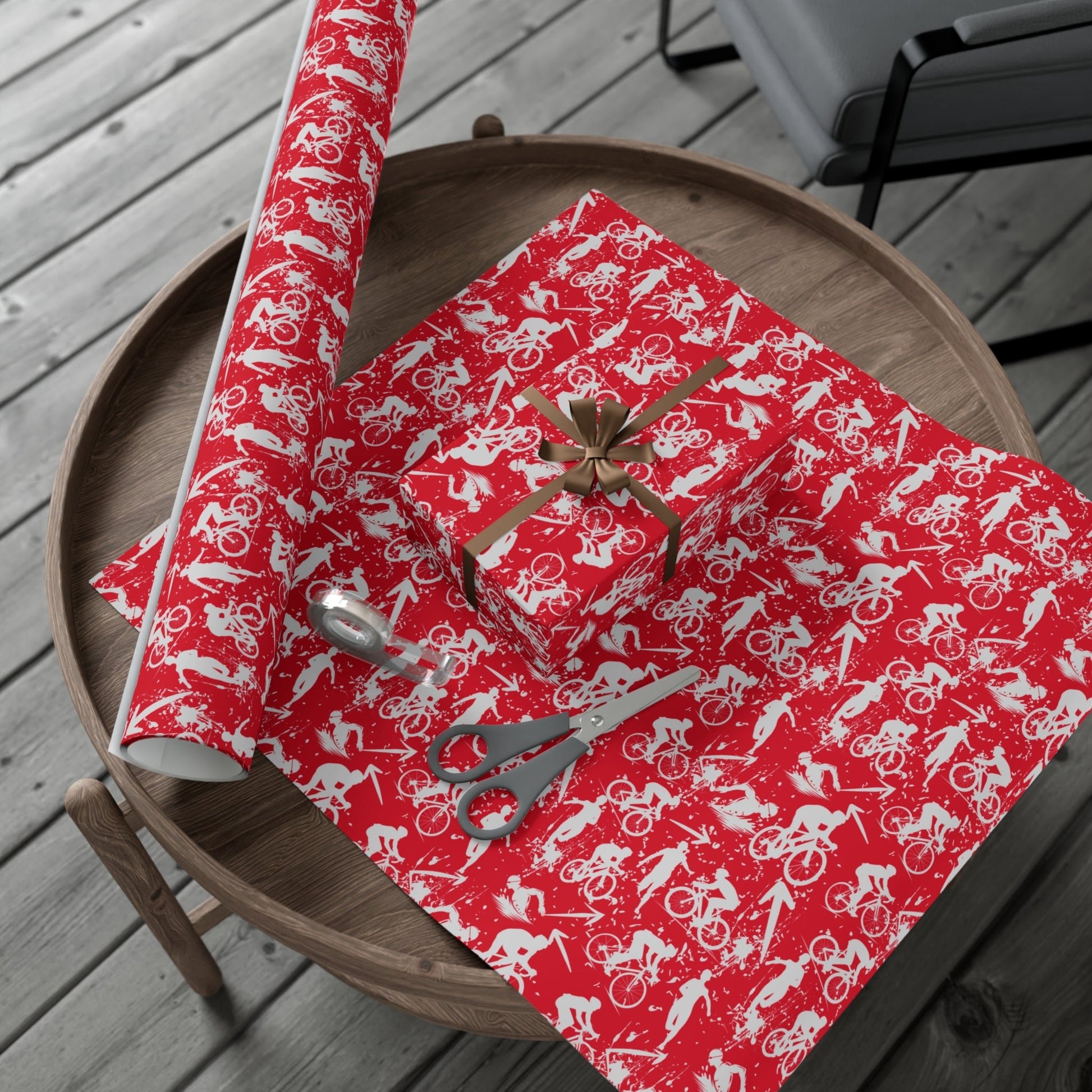 Swim Bike Run Pattern - Triathlon Themed Gift Wrapping Paper - Grey on Red - Forward Gear Athletics
