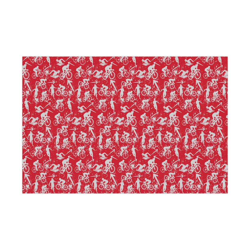 Swim Bike Run Pattern - Triathlon Themed Gift Wrapping Paper - Grey on Red - Forward Gear Athletics
