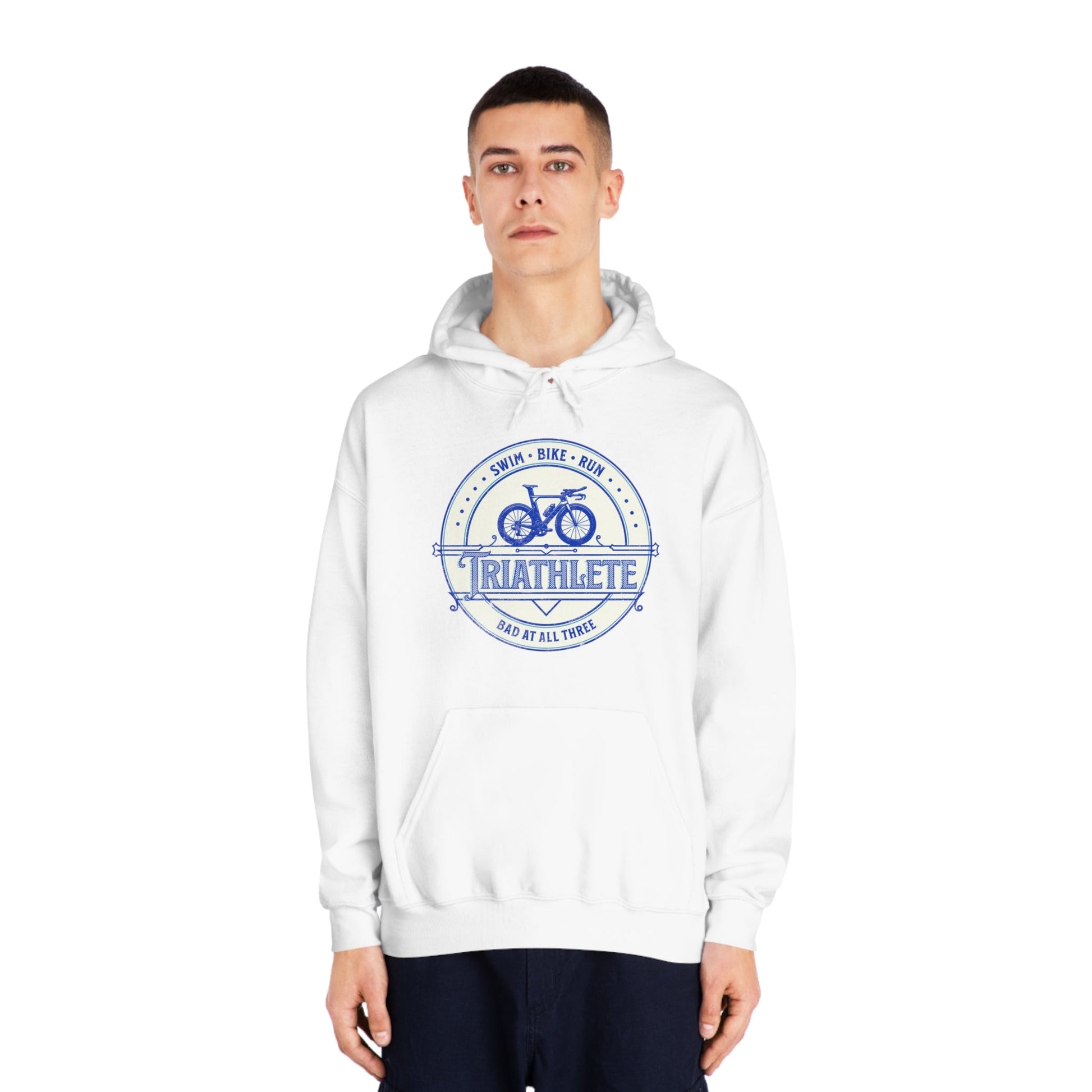 Triathlete - Bad at All Three (Blue) - DryBlend® Hooded Sweatshirt - Forward Gear Athletics