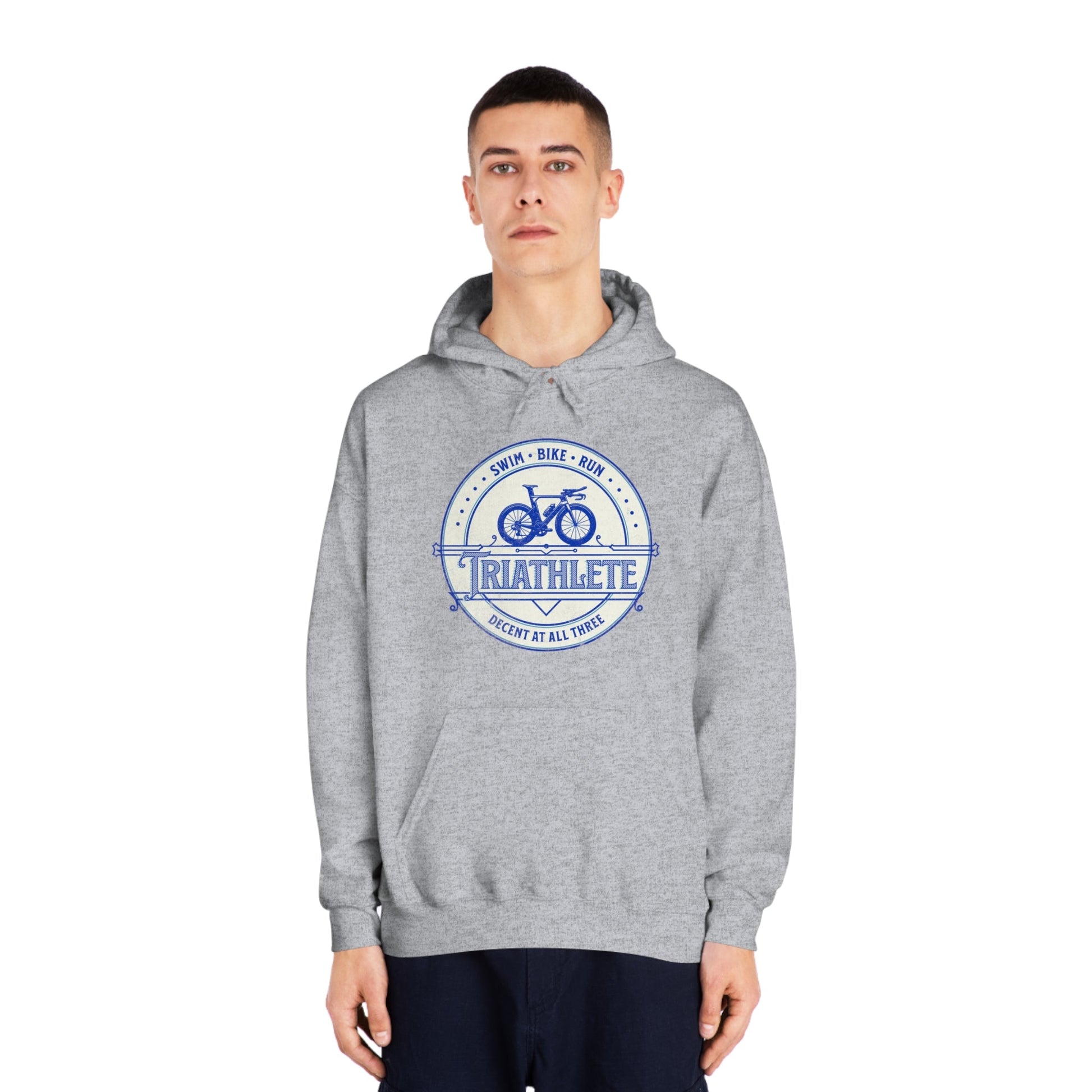 Triathlete - Decent at All Three (Blue) - DryBlend® Hooded Sweatshirt - Forward Gear Athletics