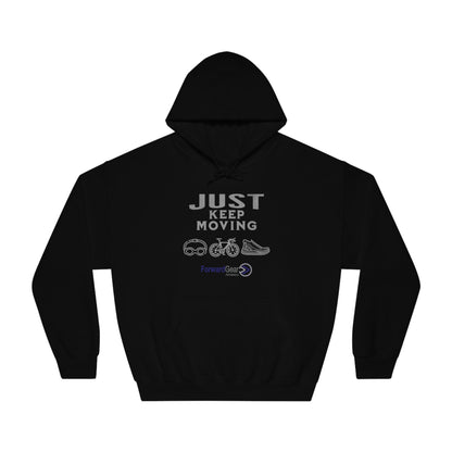 Triathlon Hoodie, Just Keep Moving, All 3 Logos (Grey print) - Forward Gear Athletics