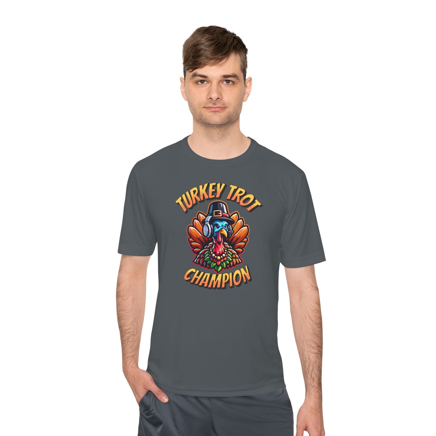 Turkey Trot Champion - Headphone Turkey - Unisex Moisture Wicking Tee - Forward Gear Athletics