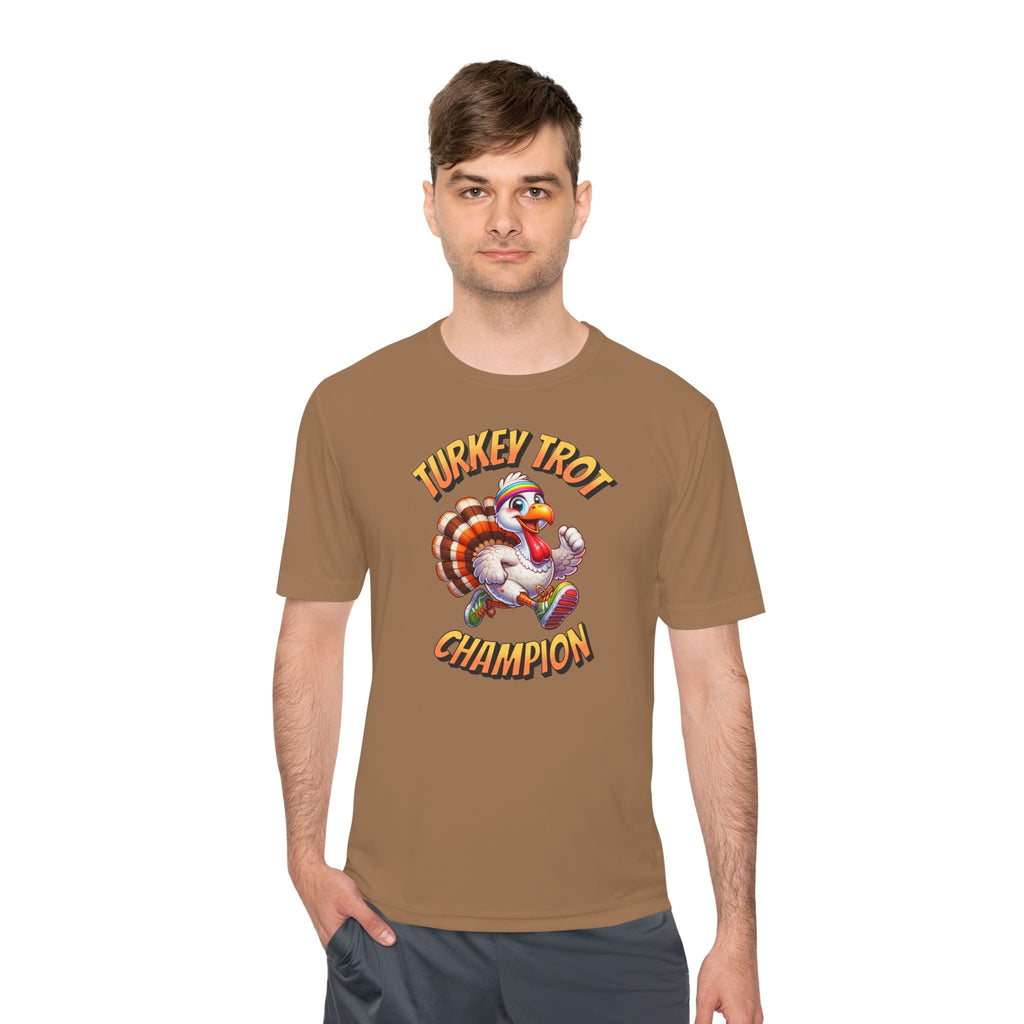 Turkey Trot Champion - Sprinting Turkey - Unisex Moisture Wicking Tee - Forward Gear Athletics