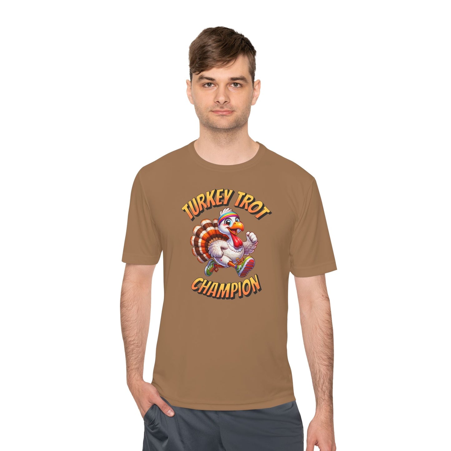 Turkey Trot Champion - Sprinting Turkey - Unisex Moisture Wicking Tee - Forward Gear Athletics