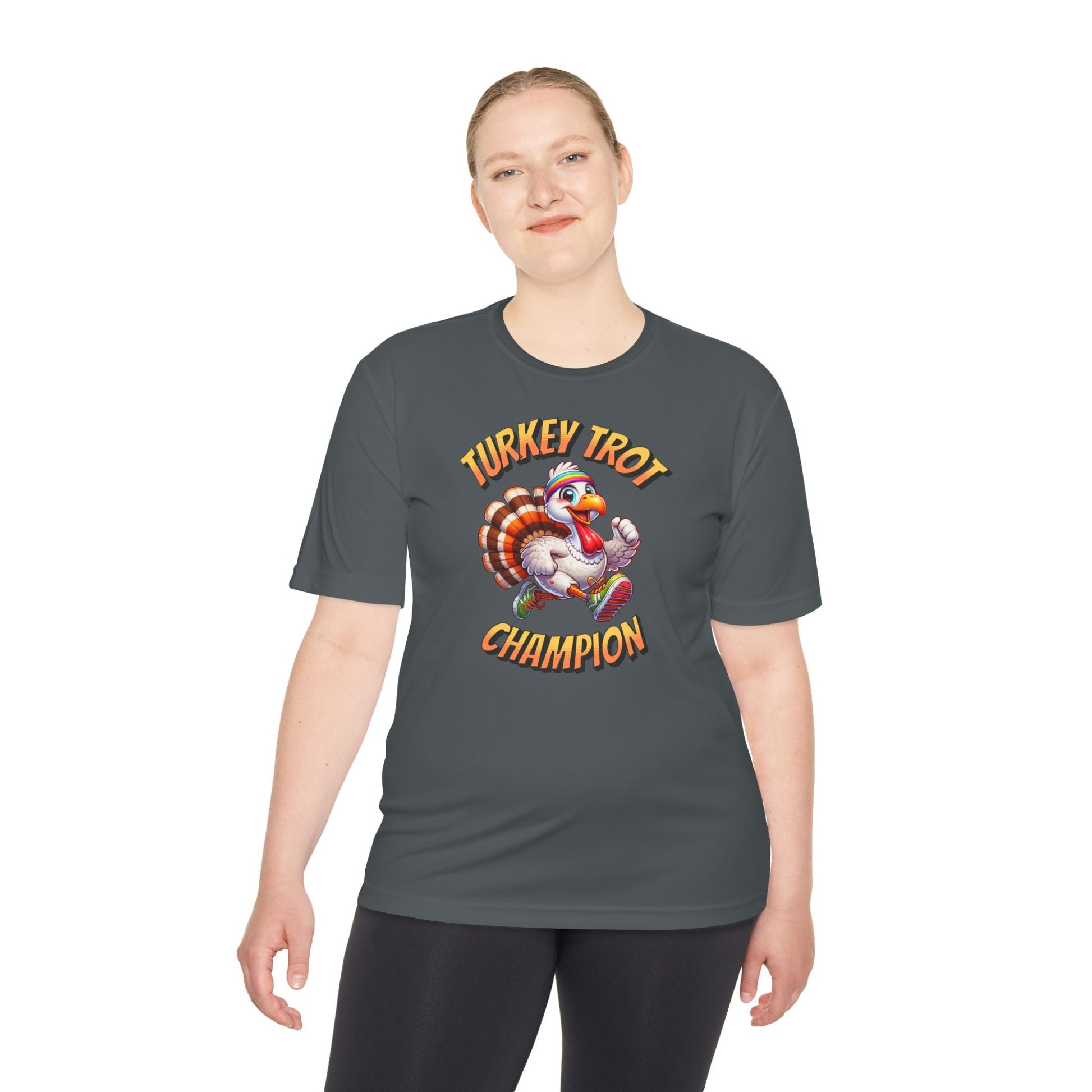 Turkey Trot Champion - Sprinting Turkey - Unisex Moisture Wicking Tee - Forward Gear Athletics