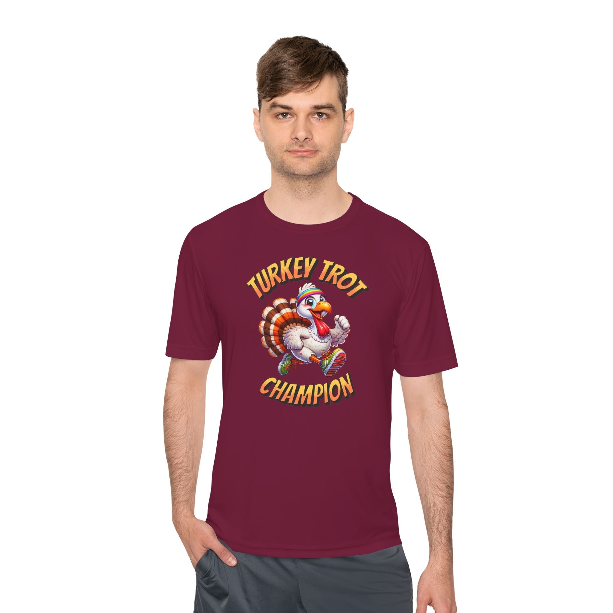Turkey Trot Champion - Sprinting Turkey - Unisex Moisture Wicking Tee - Forward Gear Athletics