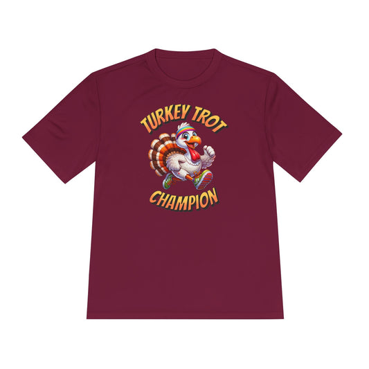 Turkey Trot Champion - Sprinting Turkey - Unisex Moisture Wicking Tee - Forward Gear Athletics